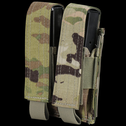 The Condor Double Pistol Mag Pouch in Scorpion OCP holds two magazines, shown partially inserted in its camouflage-patterned design.